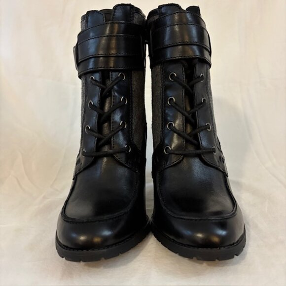 NWOB Antonio Melani Black/Gray Leather & Fabric High Heel Lug Sole Ankle Bootie - Picture 4 of 12